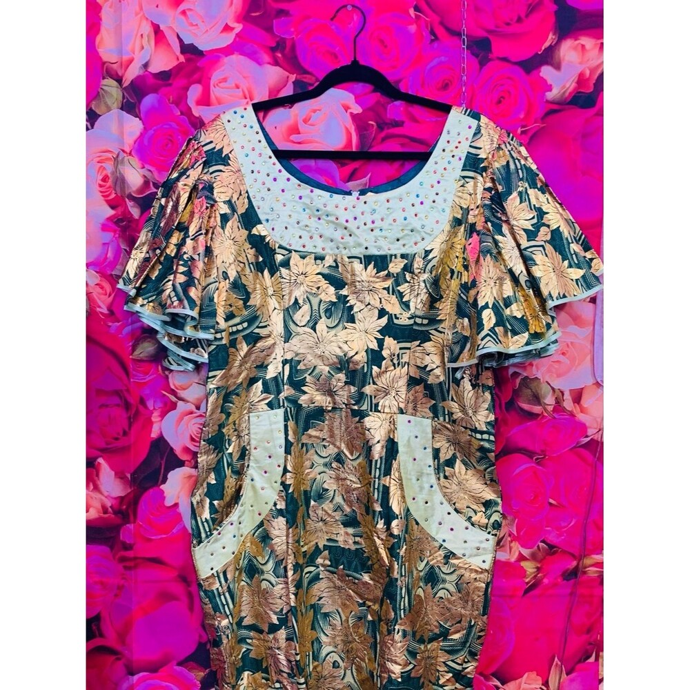 Green Floral Tunic Dress with Gold Accents and Embellished Scoop Neck African